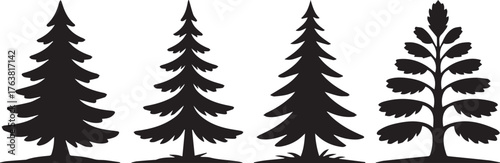 Four Unique Silhouette Tree Illustrations Featuring Pine and Leafy Tree Varieties on White Background