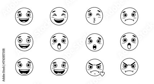 Collection of cute emoticons with various expressions in linear style