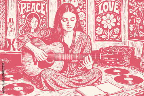 A hippie girl plays an acoustic guitar in a retro room inspired by 60s and 70s culture. Vintage vector illustration in a classic woodcut style.