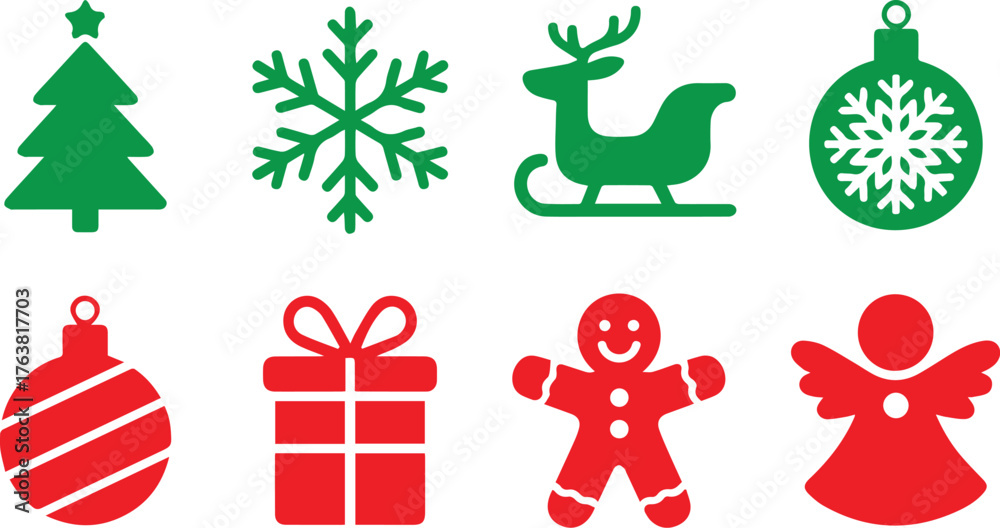 Fototapeta premium Green and Red Christmas Icons Tree, Snowflake, Sleigh, Ornaments, Gift, Gingerbread, and Angel