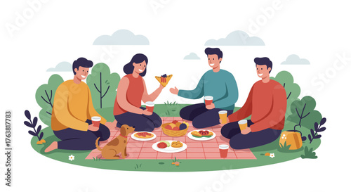 Friends enjoying picnic outdoors with dog in flat style illustration