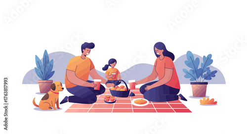 Family enjoying a picnic together with their dog on a sunny day