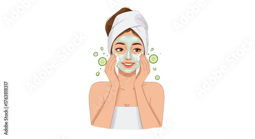 Woman enjoying spa facial with cucumber mask and towel wrap