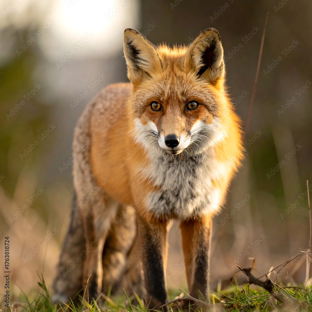 Fototapeta premium A red fox with intense gaze standing in grassy field during sunset