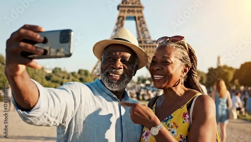 Older black couple shares a joyful moment taking a selfie at a famous landmark while traveling in the sun