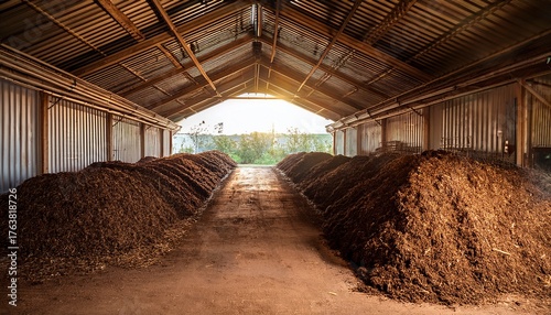 large compost piles in a barn like structure