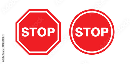 Red Stop Sign Vector Set — Octagon and Circle Stop Symbols Isolated on White Background — Traffic Warning and Road Safety Icons