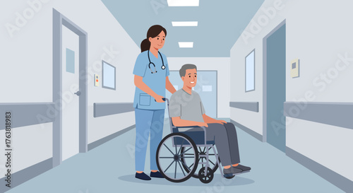 Nurse assisting elderly patient in wheelchair through hospital corridor in flat design