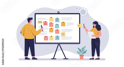 Collaborative team meeting with note board and office elements in flat style