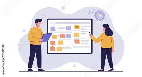 Team collaboration on project management interface in modern flat design