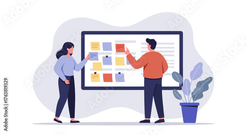 Team collaboration concept with diverse professionals brainstorming using digital board