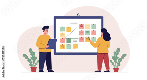 Collaborative office team planning with sticky notes on board