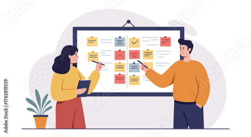 Team collaboration and planning on kanban board in modern office setting