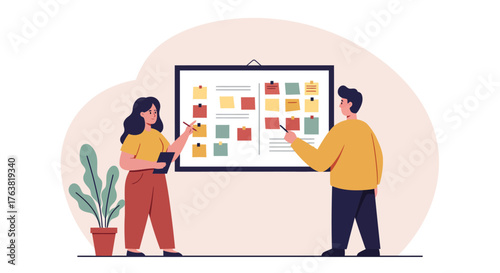 Team collaboration for project planning with bulletin board and notes in office setting