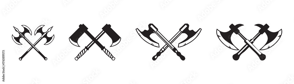 Fototapeta premium Vintage Crossed Axes Icon Set. Black vector silhouette collection of medieval weapons. Includes crossed battle axes, Viking or barbarian style elements ideal for logos, emblems, or tattoo designs.