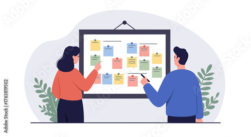 Collaborative planning with team members using a colorful task board