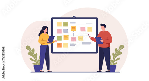 Team collaboration and project planning with sticky notes on board