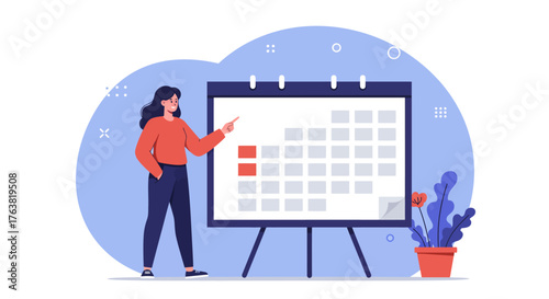 Woman presenting on calendar board with minimalist design in office space