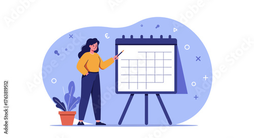 Businesswoman presenting on flip chart in modern office setting