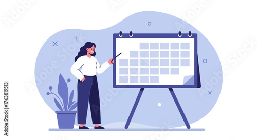 Woman presenting chart on easel in modern office setting