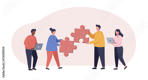 Collaborating team solving puzzle together in modern flat design