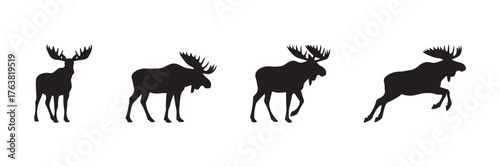 Moose Silhouette Collection. Black vector icon set of a moose in different poses.  Includes standing, walking, and running animation or movement sequence. Vector Isolated wild forest animal elements