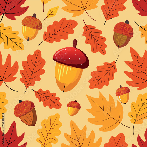 Autumn pattern with colorful leaves and acorns on a warm background