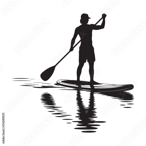 Silhouette of a man paddleboarding on water, isolated on white background, enjoying a sunny day on the lake