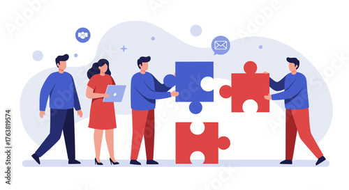 Collaboration team concept with people assembling puzzle pieces in flat design