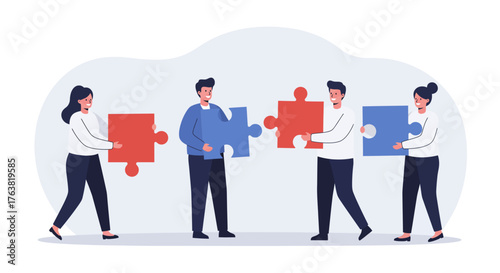 Teamwork concept with people connecting puzzle pieces in a flat design