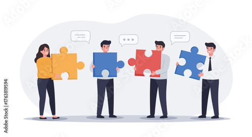 Business team collaborating with puzzle pieces for problem solving and teamwork