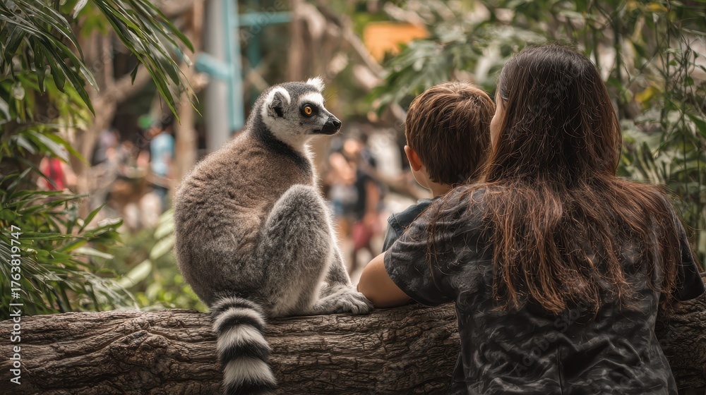 Obraz premium Mother and son observing a ring tailed lemur at a Singapore zoo