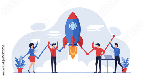 Teamwork and innovation launching rocket in modern flat style concept