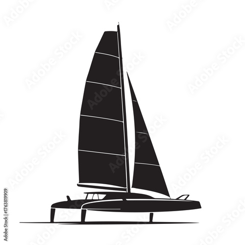 Silhouette of a sailing catamaran isolated on white background, a symbol of leisure and recreational watercraft activity