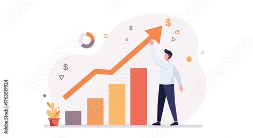 Business growth concept with rising bar chart and arrow in flat design