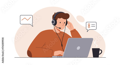 Customer support specialist working remotely with headset and laptop