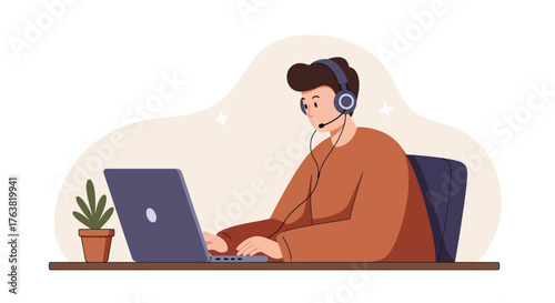 Customer support specialist working remotely with headset and laptop