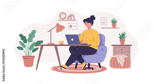 Cozy home office scene with woman working on laptop in modern interior