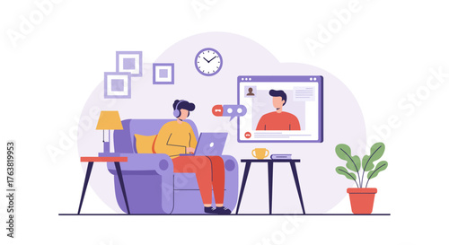 Remote work video call: modern flat design home office setup