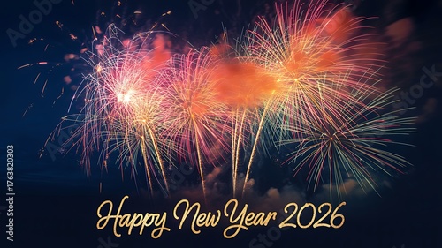Vibrant New Year 2026 Fireworks Display Against Dark Night Sky with Golden Text celebration