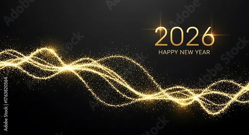 Wavy Golden Light Streaks and Particles with 2026 Happy New Year Message on Black image photo