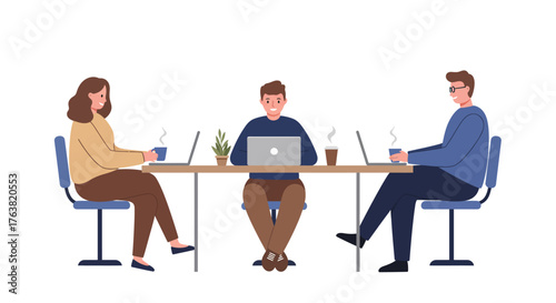 Office team collaboration with laptops and coffee in flat style