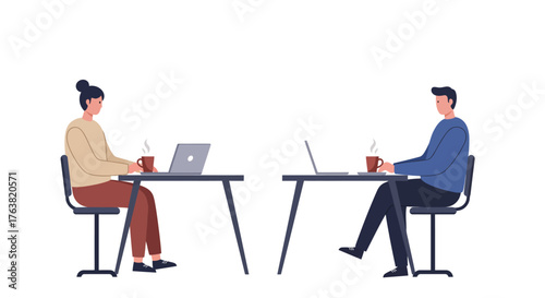 Remote work collaboration concept with two colleagues at desks with laptops and coffee