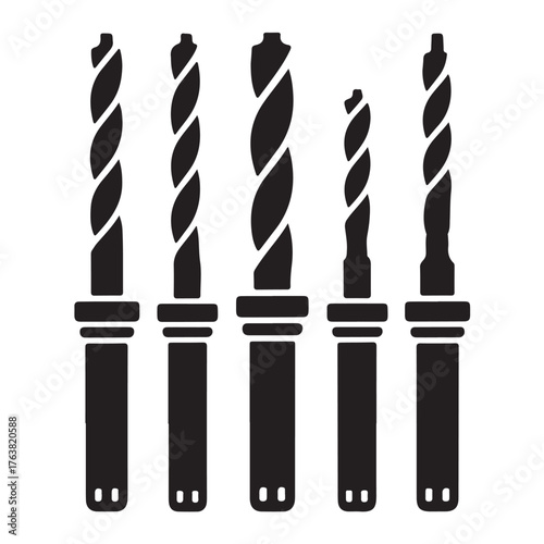 Silhouette of various drill bits isolated on white background, essential tools for drilling holes in different materials and sizes