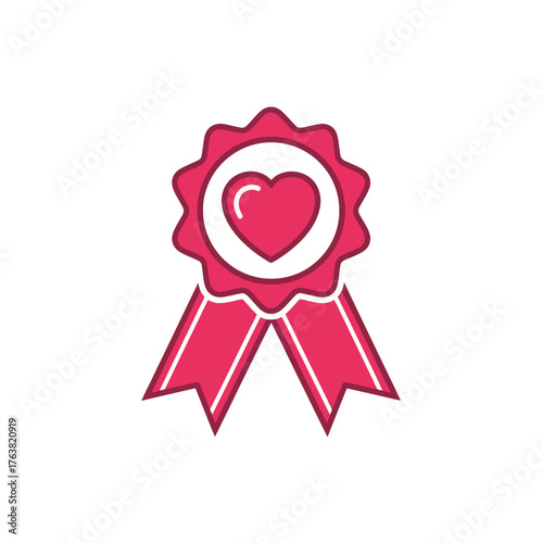 Elegant award badge with heart and ribbon, symbolizing achievement, appreciation, and premium quality in flat vector design on white background.