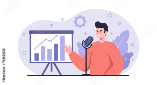 Man presenting growth chart with microphone in modern flat design