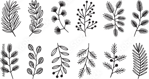 Line Art Collection of Ten Diverse Botanical Branches and Sprigs Outlined in Black Ink
