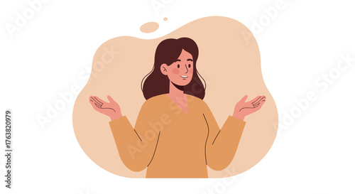 Smiling woman shrugging in casual outfit with beige background