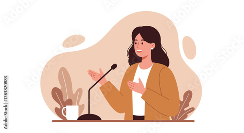 Woman giving a speech in minimalist style with plants and microphone