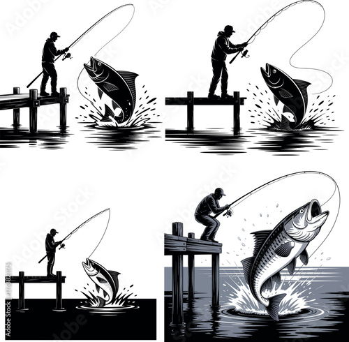 Silhouette of people fishing with rods on water vector illustration